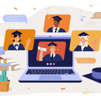 Remote online party for celebrating graduation from college, high school by internet. Vitrual video ceremony with graduate students in mantle and cap. Flat happy young people hold university diploma.