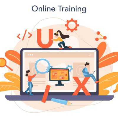 UX UI designer online service or platform. App interface improvement for user. Modern technology concept. Online training. Flat vector illustration